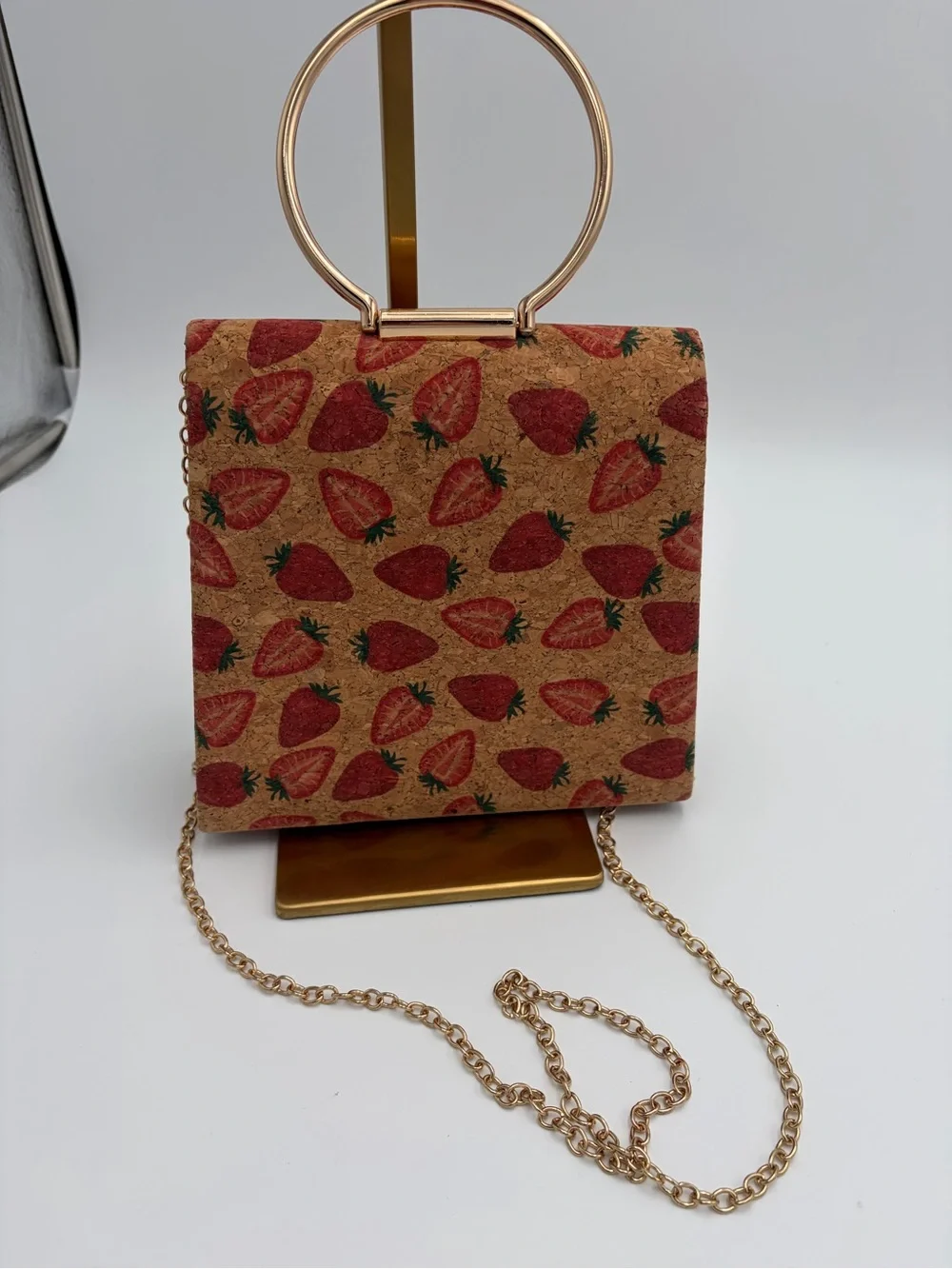 Strawberry Print Cork Crossbody Satchel Gold Ring Handle 3-Way Bag